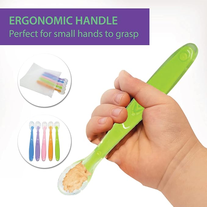 Gadgetime USA Baby Feeding Spoons Set (Pack of 5) - Self Chewable Spoon - Toddler Training Utensils - Ergonomic & Safe
