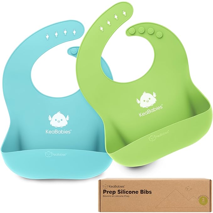 KeaBabies 2-Pack Silicone Bibs for Babies, Toddlers Girl, Boy ??Sturdy Food-Grade Baby Bibs for Eating, Large Food Catcher, Clean & Put On Easily, Waterproof Toddler Feeding Essentials (Cloud Nine)