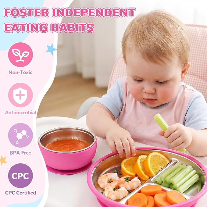 Havawish 4 Pcs Stainless Steel Baby Plate and Bowl with Suction, 8.3" Kid Divided Plate 4" Toddler Bowl with Removable Silicone, BPA-free Non-slip Baby Feed Set Dishwasher Safe for Boy Girl (Violet)