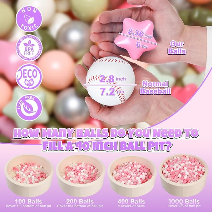 GOGOSO Ball Pit Balls for Toddlers Phthalate-Free BPA-Free Non-Toxic Crush Proof Soft Plastic Play Balls Baby Kids Shape Tent Pool Playhouse Playpen Party Decor,Stars Pink+Green+White Netural,100PCS