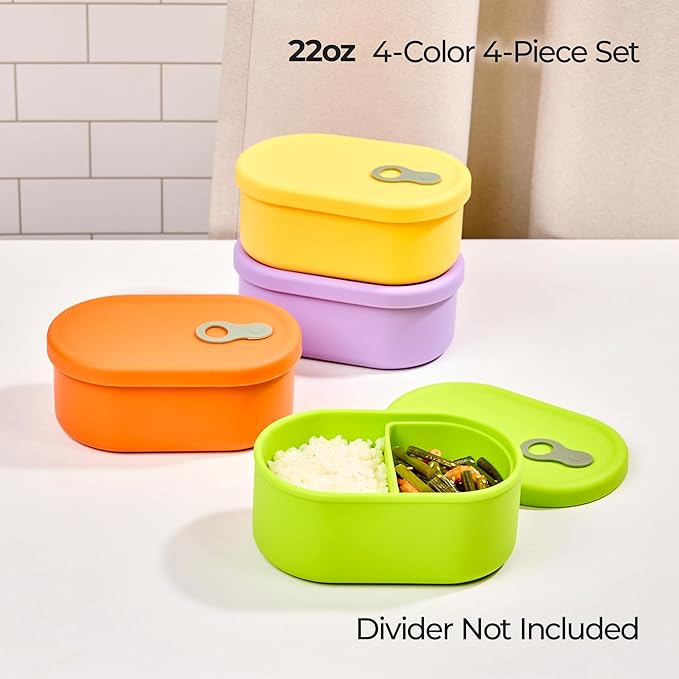 Premium Korean-Made Silicone Airtight Food Container with Steam Vent ??BPA Free, Leakproof, Microwave & Freezer Safe Meal Prep. & Leftovers Storage (4p Multi-Color Set, 22 floz (650ml))