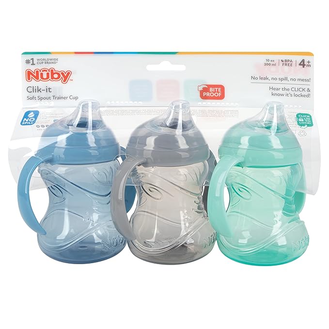 Nuby 3 Piece No-Spill Grip N??Sip Cup with Soft Flex Spout, 2 Handle with Clik It Lock Feature, Neutral,10 Ounce