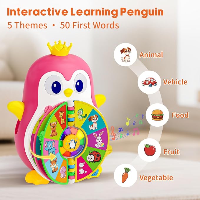 Musical Interactive Penguin Toys for 1 Year Old Girl Gifts ,Bilingual Educational Toy for Toddler 1-3 with 5 Themes&50 Words,Spin Lights & Sounds,First Birthday Gift for One Year Old Girls
