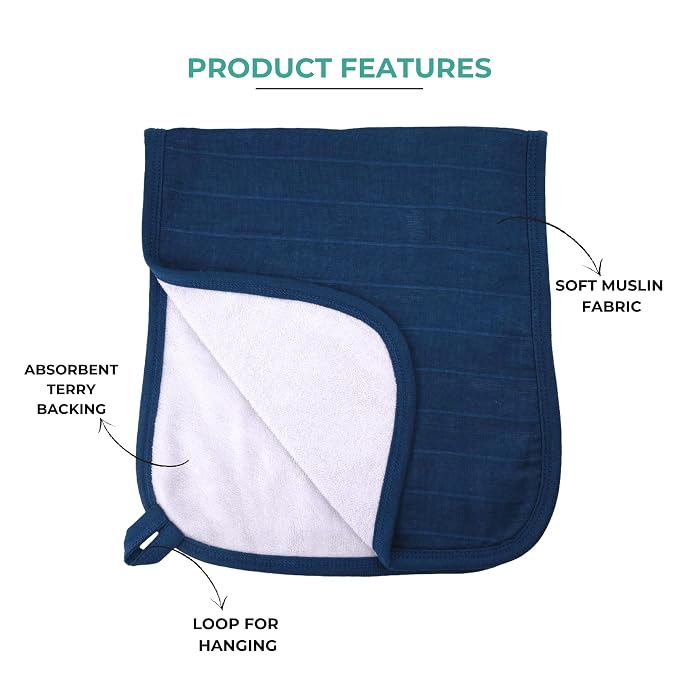 Featherhead 5 Pack Muslin Baby Burp Cloths for Boys & Girls, 22" X 11", Premium Cotton Muslin and Terry Spit up Rags, Super Soft and Absorbent (Blue Solids)