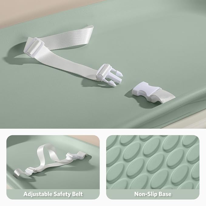 Baby Changing Pad Waterproof in EVA Foam, Baby Changing Mat Wipeable Baby Changing Table Pad, Adjustable Safety Belt & Non-Slip Base, for Diaper Changes & Massage, Fits Dresser/Changing Table - Sage