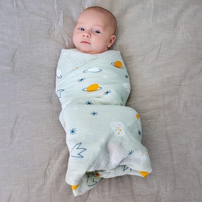 Gray Swaddle Cotton Muslin ??Soft and Breathable Receiving for Newborns, Gender Neutral for Girls & Boys, Planet Star Space Cosmic Galaxy Design