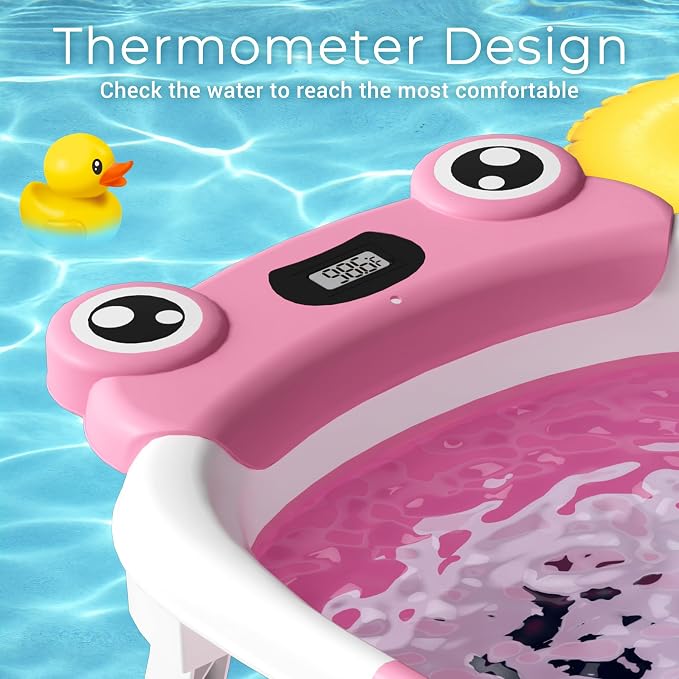 BUNWAG Baby Bathtub,Collapsible Newborn Bathtub for Infant to Toddler with Soft Cushion and Thermometer,Portable Travel Newborn Tub with No-Slip Feet,Baby Shower Gifts,0-12 Months Babybath,Bright Pink
