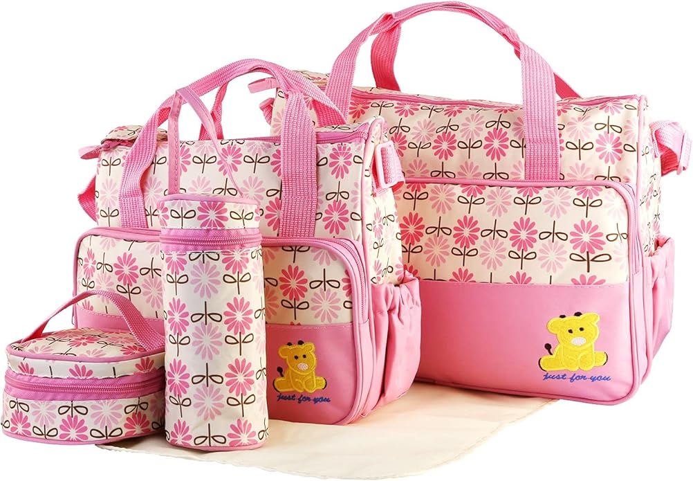 5-Pack Mummy Diaper Shoulder Bag Set w/Changing Pad ??Large Water-Resistant Nappy Bag with Insulated Pockets