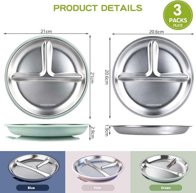 Greentainer 3 Pack Stainless Steel Baby Suction Plates, Divided Toddler Plates with Removable Silicone Sleeves, Unbreakable Kids Dishes for Dinner & Snack, Non-Toxic, Dishwasher Safe