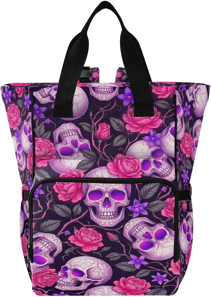 Neon Purple Skull Diaper Bag – Stroller Straps, Unisex Gift for Mom Dad