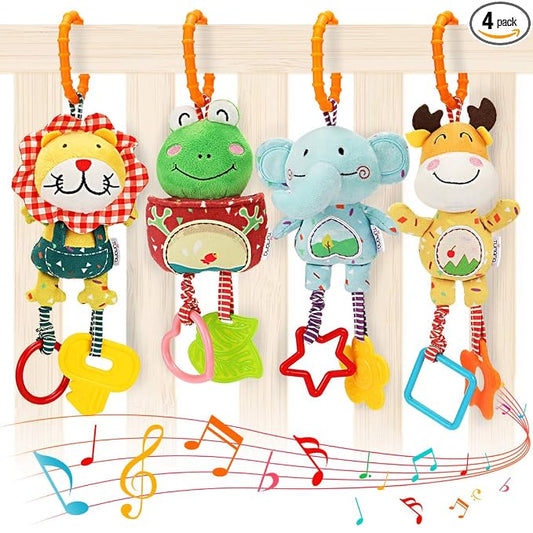 TUMAMA Baby Toys for 0, 3, 6, 9, 12 Months, Handbells Baby Rattles, Soft Plush Early Development Stroller Car Toys for Infant, Newborn Birthday Gifts, 4 Pack