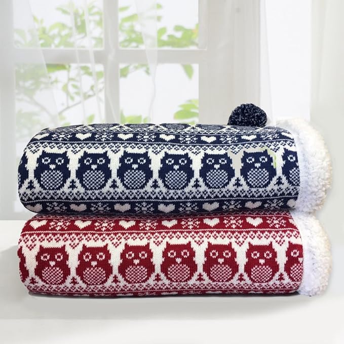 Snow Owl Cotton Knit Sherpa Baby Blanket 30?�x40??(Navy)
