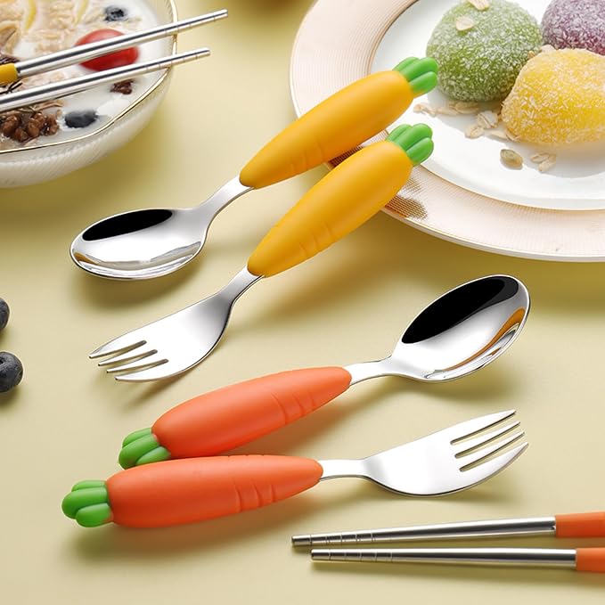 Toddler Fork and Spoon Utensil Set, 4 Pack, Carrot Set | with Case, Silicone handle, 304 Stainless Steel