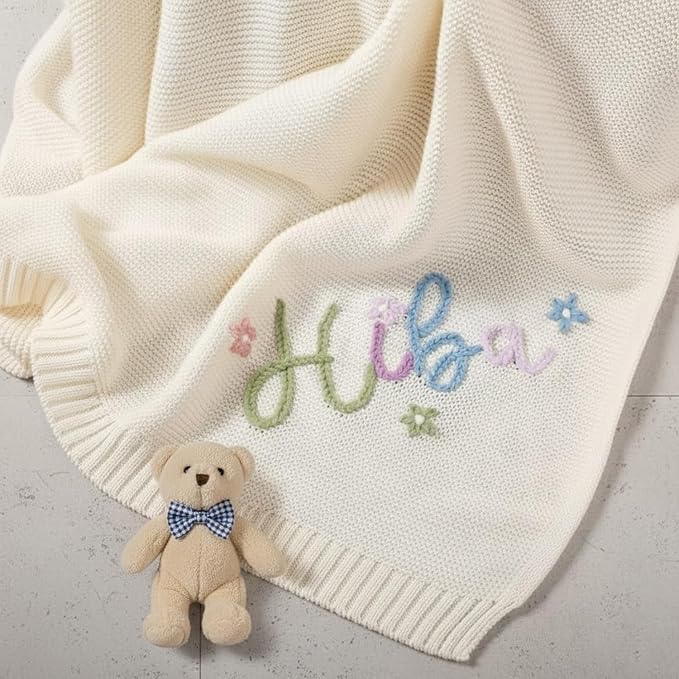 Luxury Personalized Name Baby Blanket, Hand-Embroidered Name Baby Blanket, Soft Breathable Cotton Knit Kids Blankets, Newborn Kid Gift, New Mom Gifts, Newborn Kids Girl & Boy Gift 11
