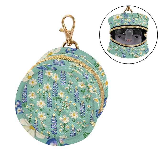 Pacifier Holder with Clip Pacifier Case for Diaper Bag Round Baby Pacifier Pouch Box Bag Portable Cute Green Bluebonnet and Daisies