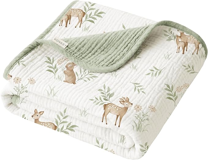 Konssy Muslin Baby Blankets for Girls Boys, 100% Cotton Crib Blanket for Infant Toddler, Super Soft and Lightweight Nursery Swaddling Wrap 40"x36" (Woodland)
