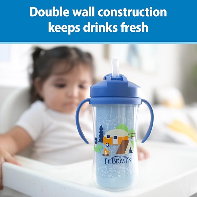 Dr. Brown's Milestones Insulated Sippy Cup with Straw and Handles, Spill-Proof Tumbler with Lid, 2-Pack, Blue & Green, 10 oz/300 mL, BPA Free, 12m+