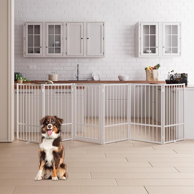 6 Panels Full Metal Freestanding Dog Gates with Door, 120” W x 36” H Folding Pet Gate Fence with Support Feet for Indoor,Stairs, Hallways and Doorways(White)