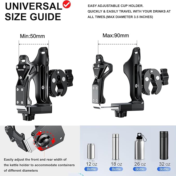 iMESTOU Motorcycle Cup Holder, ATV Water Bottle Holder Compatible with 50-90mm Dia. Cups Drinking Bottles Fits for 12-45mm Handlebars on Bike Scooter Stroller Golf Cart Wheelchair...