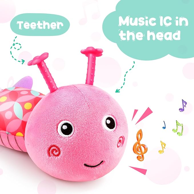 Baby Sensory Toys 0-6 6-12 Months, Stuffed Musical Caterpillar Animal Toys for Babies 3-6 Months with Rattles Crinkle Squeaker, Infant Tummy Time Toys for Newborn Baby Boy Girl Gifts, Pink