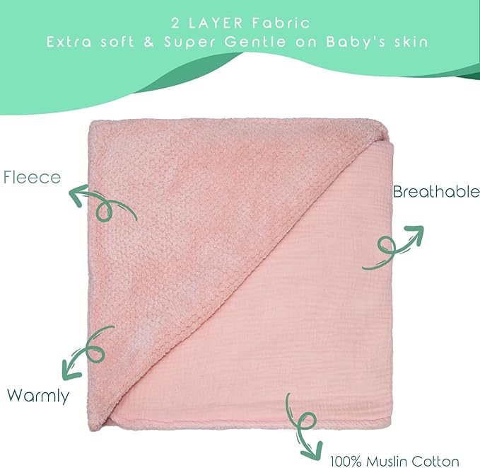 Soft & Breathable Baby Organic Cotton Muslin Blanket with Warm Flannel Lining, Unisex Crib Blanket for Toddlers, Large 43x43 Inches (Pink)