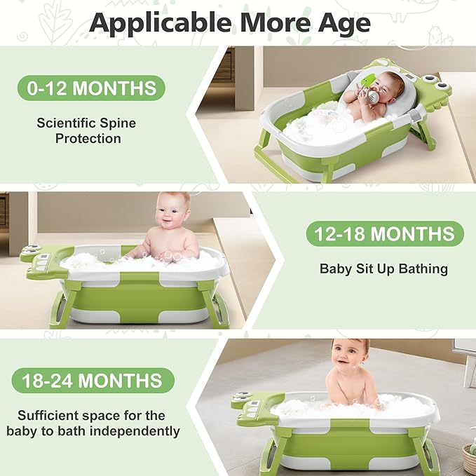 Collapsible Baby Bathtub for Newborn, Foldable Baby Bath Tub with Thermometer & Soft Floating Cushion & Drain Hole, Portable Travel Infant Bath Tubs for Newborns to Toddler 0-36 Months Girl, Green
