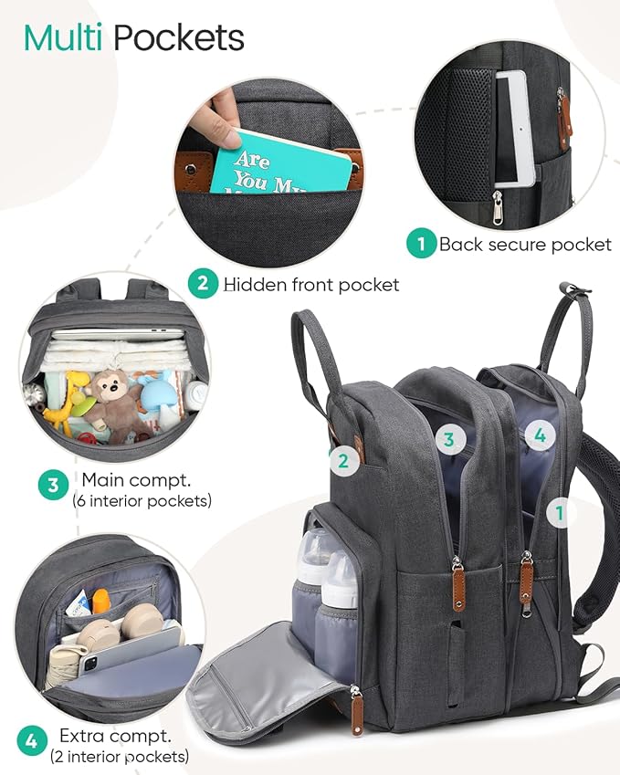 Qualyphant Extra Large Diaper Bag Backpack for Two Kids Twins - Expandable Baby Bag (26-36L), Dual Big Compartments - Includes Changing Pad & Stroller Straps, Unisex Dark Grey