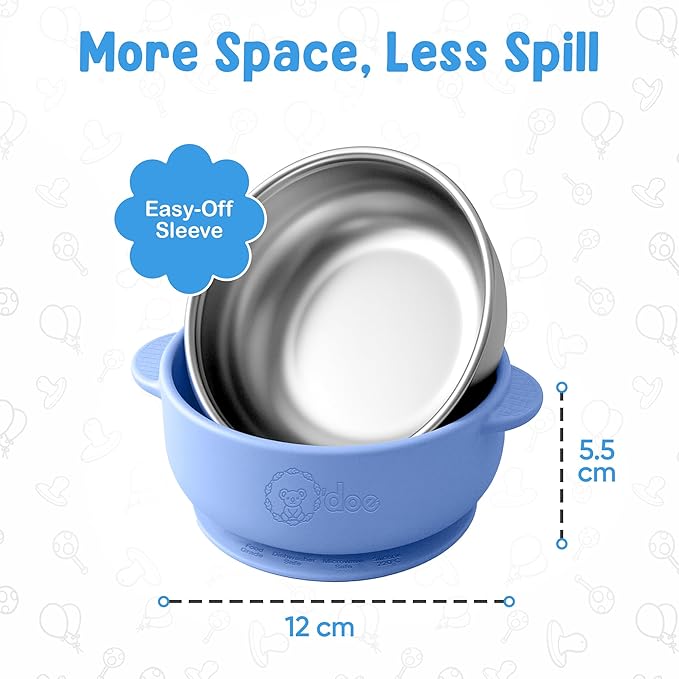 o'doe Suction Bowls for Baby - Non-Toxic Stainless Steel Baby Bowls 5" with Non-Slip Removable Silicone Shell - BPA-Free Toddler Bowls (Dark Blue + Powder Blue + Grey + Green)