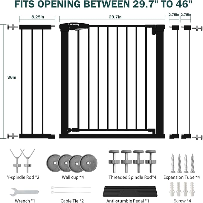 Mumeasy 36" Extra Tall Dog Gate, Auto Close Baby Gate for Stairs Doorways, 29.7-46" Wide Walk Thru Child Safety Gate for House, Easy Install Pressure Mounted Metal Pet Gate with Door, Black