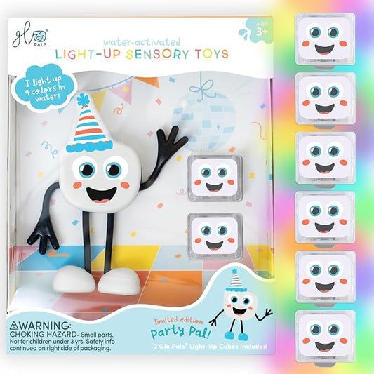Glo Pals Water-Activated Light-Up Sensory Bath Toy Character and 6 Cubes for Bathtime and Sensory Play, Party Pal, Glows 9 Colors