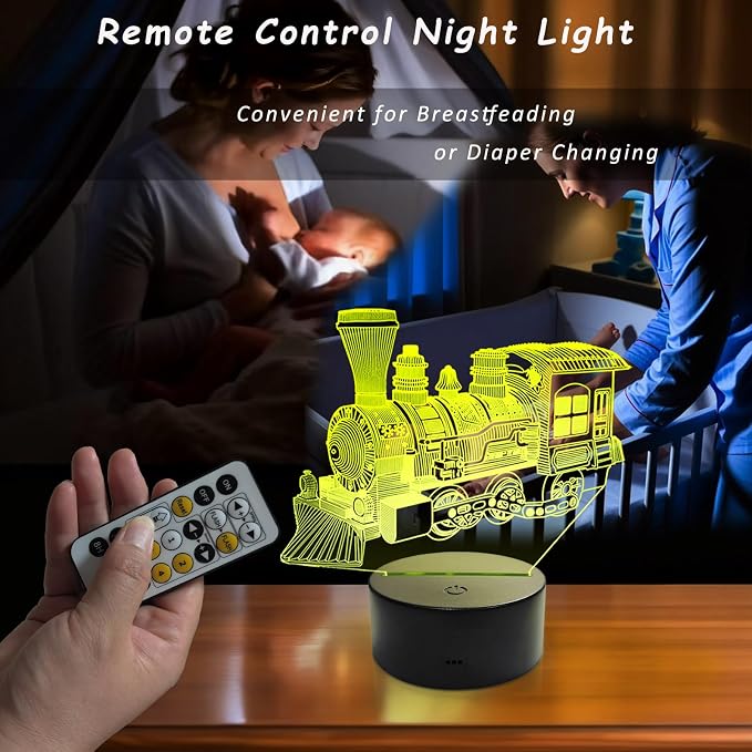 Kids Steam Train Gifts Night Light, Multi Colors Change Dimmable Remote Timer Control Night Lamp for Kids Boys Teens, Bedroom Table Train Theme Decor, Smart Touch 3D Illusion Night Light