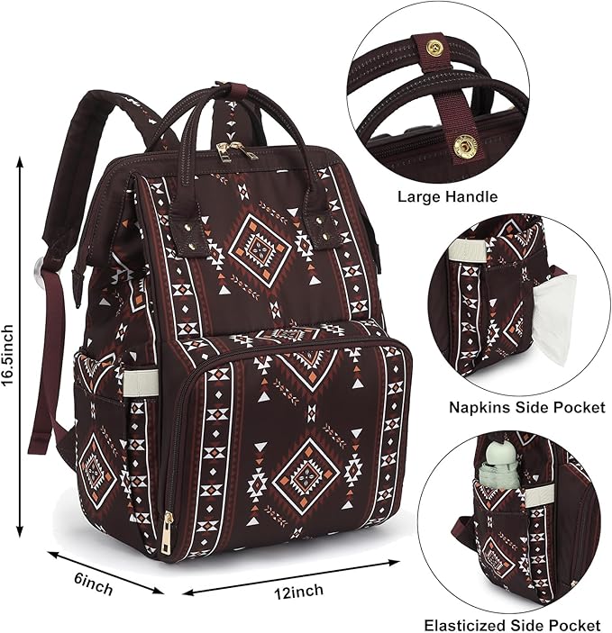 Boho Diaper Bag Backpack for Mom Dad, Multifunctional Bohemia Baby Nappy Backpack with Stroller Straps Insulated Pockets (Coffee)