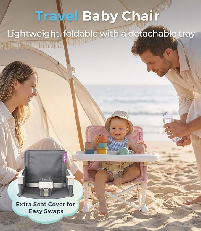Portable Baby Chair, Baby Beach Chair with 2-Pack Interchangeable Seat Covers, Portable Booster Seat with Tray & Travel Bag, Compact Foldable, Easy-Swap Colors, Perfect for Travel
