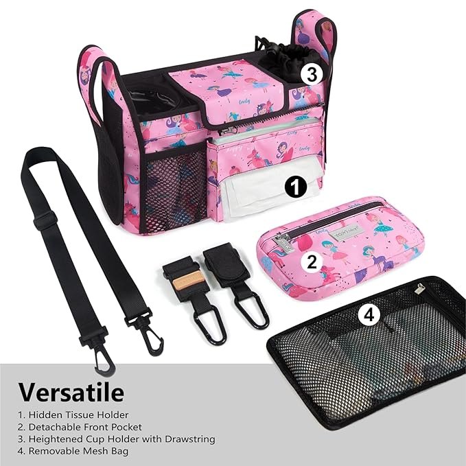 TOPDesign Universal Baby Stroller Organizer, Stroller Caddy with Detachable Mesh Bag & Heightened Insulated Cup Holders & Non-Slip Secure Hooks Accessories, Fits Most Strollers (Unicorns & Girls)