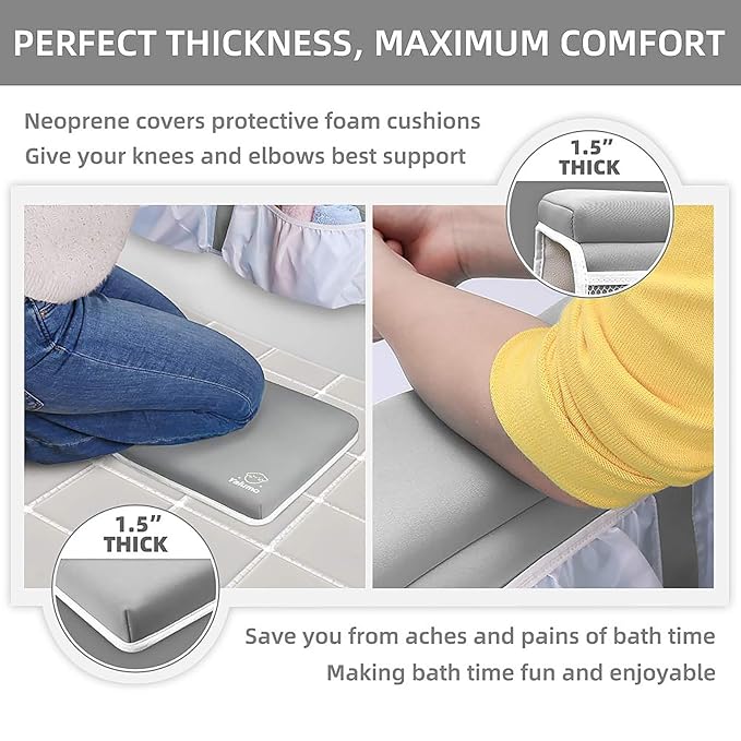 Bath Kneeler and Elbow Rest Pad Set for Baby Bathtub, Thick Non-Slip Bathing Kneeling Mat Cushion Quick Drying Bathtub Knee Saver with Arm Support and Pockets for Bathroom Bathing time Comfort, Gray