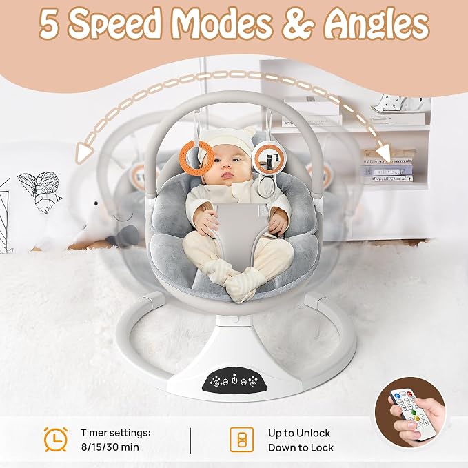 FEITIONG Baby Rocker|Bluetooth Baby Swing 5-Speed Motion & Comfort Design | Portable Infant Chair with Machine-Washable Seat (0-12M, 20lb)