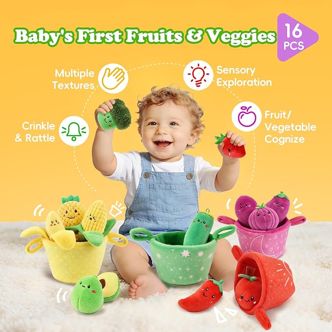 SAIMAND Baby Toys 6–12 Months, 16PCS My First Fruit Vegetable Sensory Toys for Babies Infants, Color Sorting Play Food with Crinkle & Rattle, Montessori Toys for 1 Year Old Toddlers Boys Girls