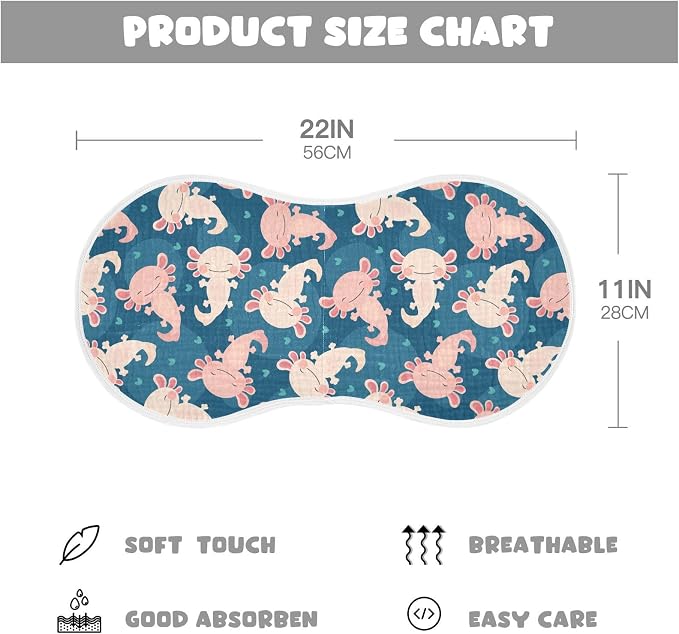 Muslin Burp Cloths for Baby Boys and Girls - 1-Pack Ultra Absorbent Cute Axolotl Muslin Washcloths, Newborn Towel, Milk Spit Up Rags, Burp Cloth Bib for Unisex, 22 x 11 Inch