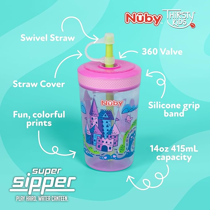 Nuby Thirsty Kids Super Sipper ??14oz No-Spill Toddler Cup with 360° Silicone Valve & Swivel Straw ??Leak-Resistant, Durable, Easy-Clean Design ??2 pk - Girls