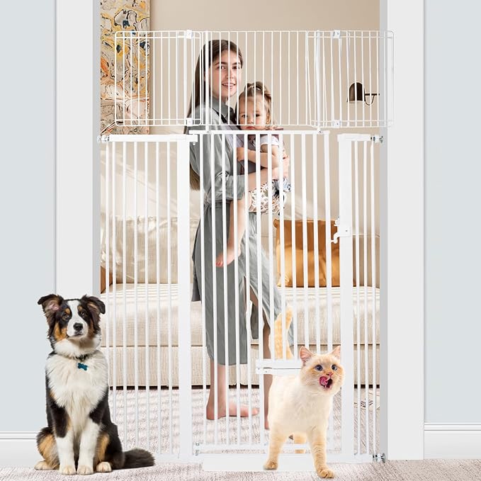 SHYUJAJIE 71 Inch Extra Tall Pet Gate with Small Cat Door, 29.55"-46.06" Adjustable Wide Dog Gate, Tall Cats Gates for Doorway, Stairs, House(White)