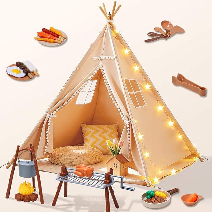 Teepee Tent for Kids with BBQ Pretend Play Toys, Spacious 60??Kids Play Tent Indoor & Outdoor, Foldable Playhouse with Mat & Star Lights, Washable Camping Toys Gift for Boys & Girls Ages 3??