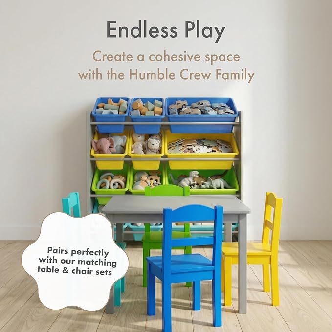 Humble Crew Kids Toy Storage Organizer with 12 Plastic Bins, Grey/Blue/Green/Yellow ??Removable Bins for Playroom, Bedroom, Toddler Furniture for Boys and Girls Ages