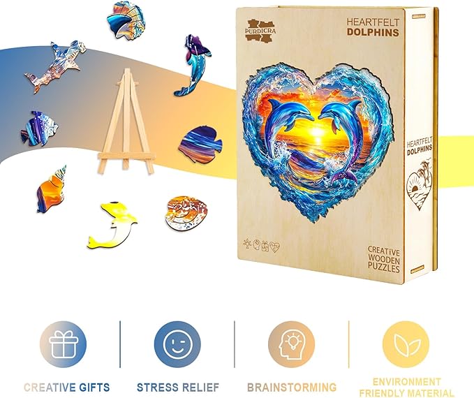 Wooden Puzzles for Adults - Heartfelt Dolphins Wooden Jigsaw Puzzle, Unique Animal Shaped Wood Puzzles Adult, Christmas Birthday Gifts for Friends/Family, Home Decor 13.4 * 13.1in 250pcs