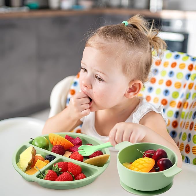 Dandat 24 Pcs Silicone Baby Feeding Set,6 Baby Toddler Suction Bowls 6 Divided Suction Plates with 6 Forks 6 Spoons, Utensils Set for Weaning Infant Feeding and Eating, 6 Styles(Vivid Color)