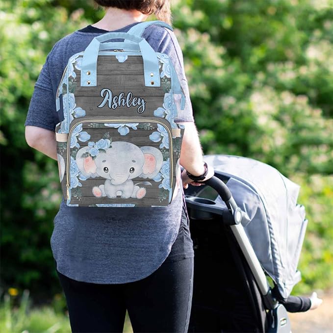M YESCUSTOM Diaper Bags with Name Personalized Blue Flower Baby Bag Backpack for Men Women Custom Newborn Nappy Mommy Bag