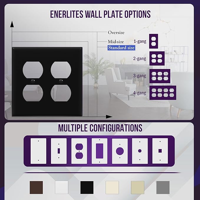 ENERLITES Double Duplex Wall Plate, Two Gang Electrical Outlet Cover, Standard Size 2-Gang 4.5" x 4.57", Unbreakable Polycarbonate Thermoplastic, UL Listed, 8822-BK, Black