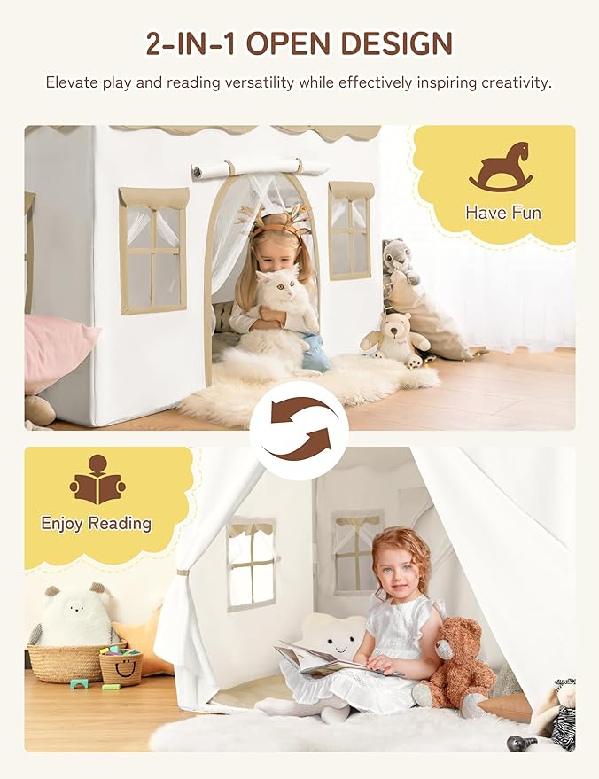 besrey Kids Play Tent 2 in 1 with Padded Mat and Lights, Large Kids Playhouse with 2 Doors & 4 Windows, Indoor & Outdoor, Christmas Toddler Tent, 51" x35" x 51" (Brown)