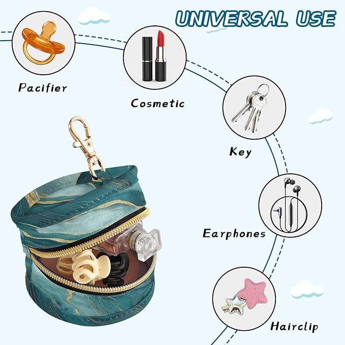 Pacifier Holder with Clip Pacifier Case for Diaper Bag Round Baby Pacifier Pouch Box Bag Portable Marble Teal and Gold