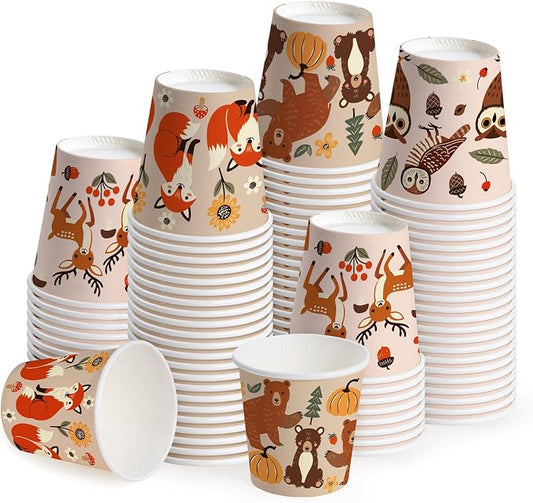 WRAPAHOLIC 3oz Woodland Animal Paper Cups - 100 Pack Disposable Bathroom Cups with Fox, Bear, Deer and Owl 4 Designs, Small Mouthwash Cup for Toothbrush Rinse, Home Bathroom, Fall and Baby Shower