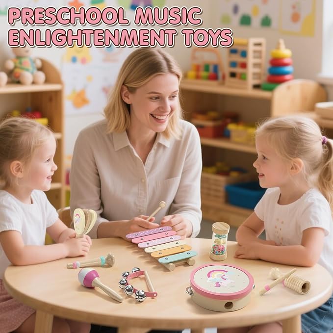 Baby Musical Instruments for Toddlers 1-3, Montessori Wooden Toys for 1 Year Old, Xylophone Maracas Percussion Set with Storage Bag, Learning Toys for Boys Girls Age 2-4, Christmas Birthday Gift, Pink